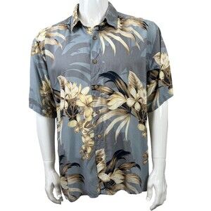 Vintage Hawaiian Shirt Puritan Large 90s Rayon Single Stitch Floral Aloha Blue